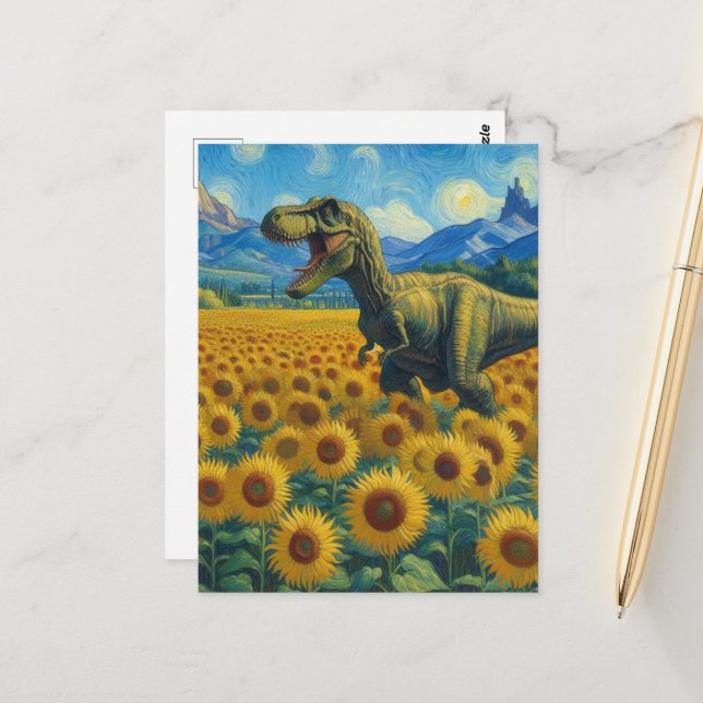 T-Rex in a Sunflower Field Postcard (Front/Back In Situ)