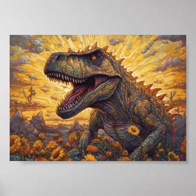 T-rex in a Sunflower field Poster (Front)