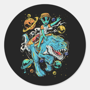 T-Rex in Outer Space  Kid Alien Riding T-Rex Dinos Classic Round Sticker