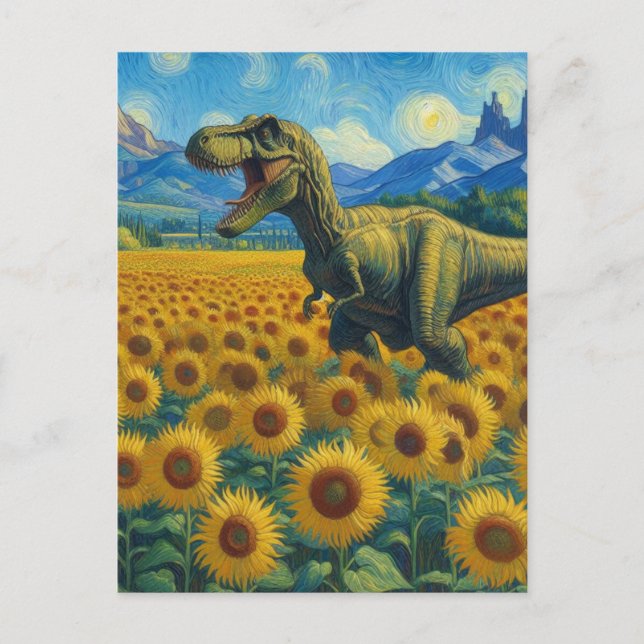 T-Rex in the Sunflower Field Van Gogh Style Postcard (Front)