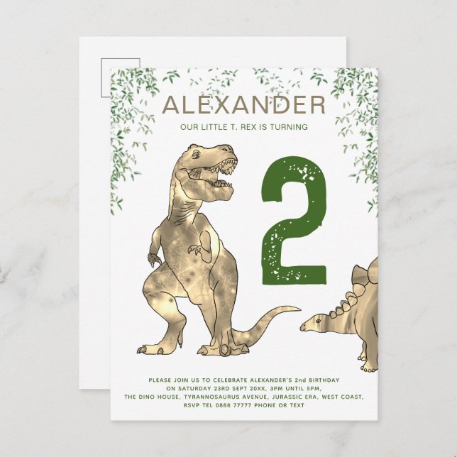T. rex jungle 2nd Birthday Party Budget  Invitation Postcard (Front/Back)