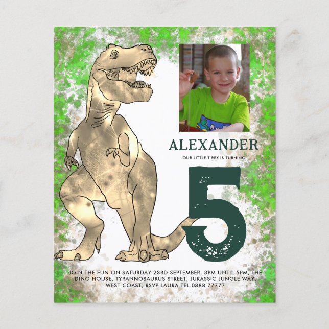 T Rex Jungle Birthday Party Photo Budget Flyer (Front)