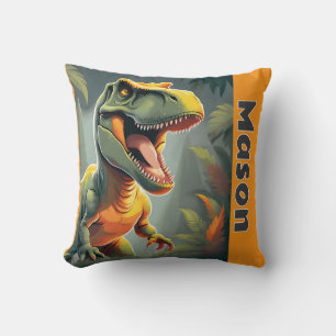 T-Rex Jurassic Dinosaur Grey and Orange Cushion