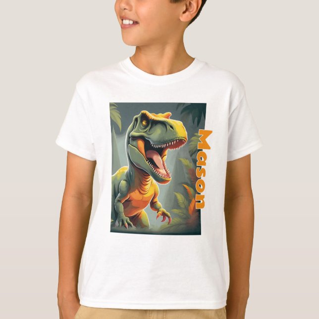 T-Rex Jurassic Dinosaur Grey and Orange T-Shirt (Front)