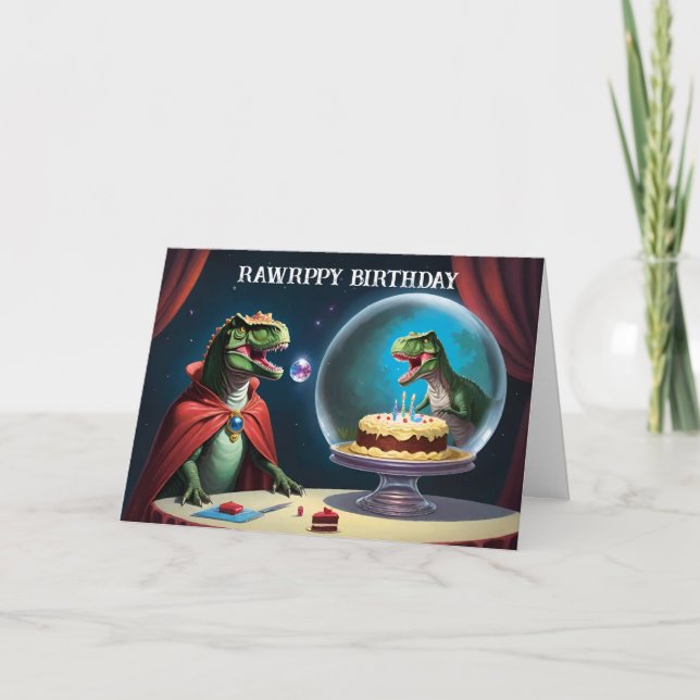 T-Rex looking at cake inside cake stand.  Card (Front)