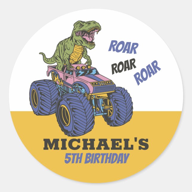 T-Rex Monster Truck Dinosaur Kids Birthday Party Classic Round Sticker (Front)