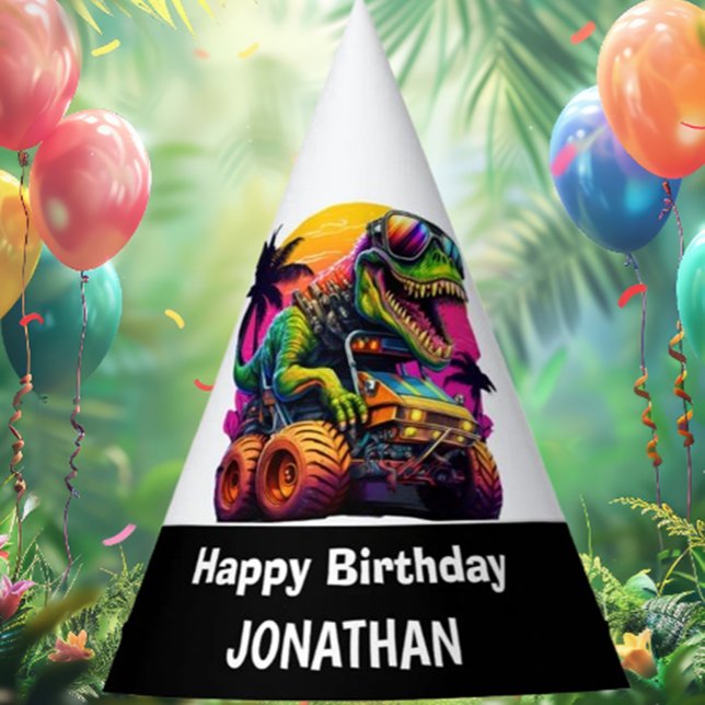 T Rex Monster Truck Happy Birthday  Party Hat (Perfect for roaring fun, vibrant colors, and unforgettable memories.)