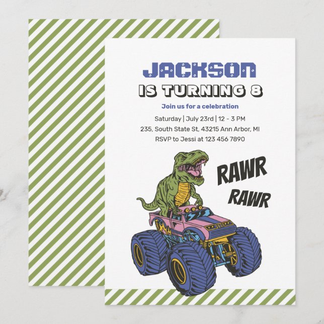 T-Rex Monster Truck Rawr Dinosaur Kids Birthday Invitation (Front/Back)