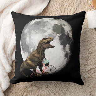 T-Rex on a Bicycle with Roses Circling the Moon Cushion