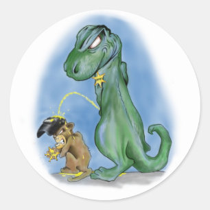 T-rex peeing on a monkey classic round sticker