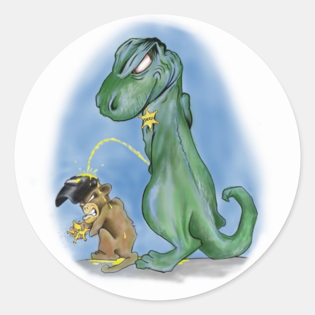 T-rex peeing on a monkey classic round sticker (Front)