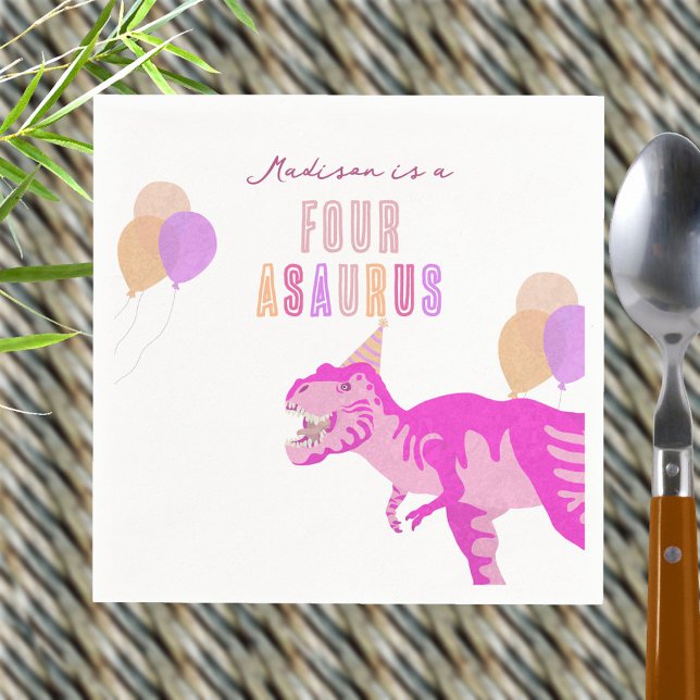 T-Rex Pink Cute Any Age Dinosaur Birthday Party Napkin (Change FOUR to any age for your custom pink dinosaur birthday party paper napkins)