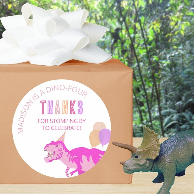 T-Rex Pink Cute Any Age Dinosaur Thank You Classic Round Sticker (Add your details to these cute pink dinosaur thank you stickers)
