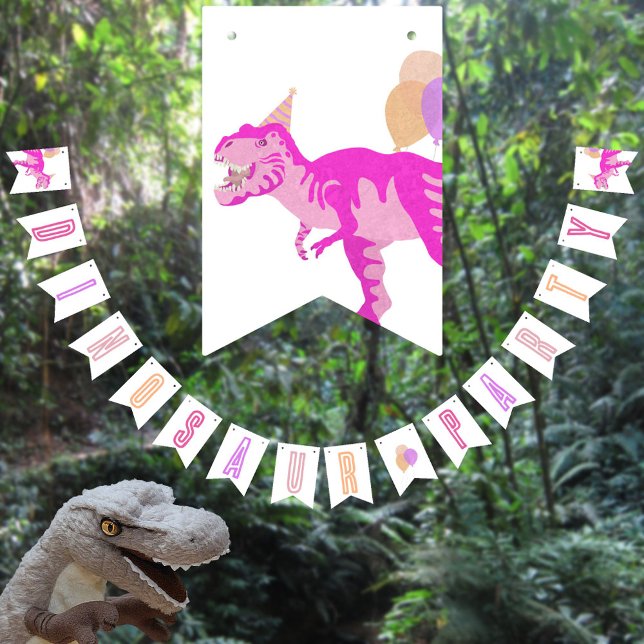T-Rex Pink Cute Birthday Jurassic Dinosaur Party Bunting (This fun DINOSAUR BIRTHDAY bunting will add to your custom pink dinosaur birthday party décor)