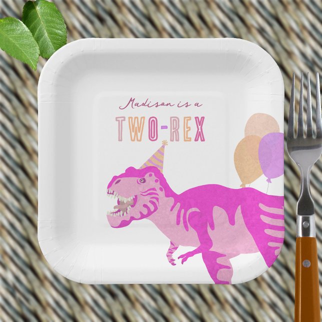 T-Rex Pink Cute Two-Rex Dinosaur Birthday Party Paper Plate (Add a little fun to the refreshments table with these cute Two-Rex dinosaur birthday paper plates)