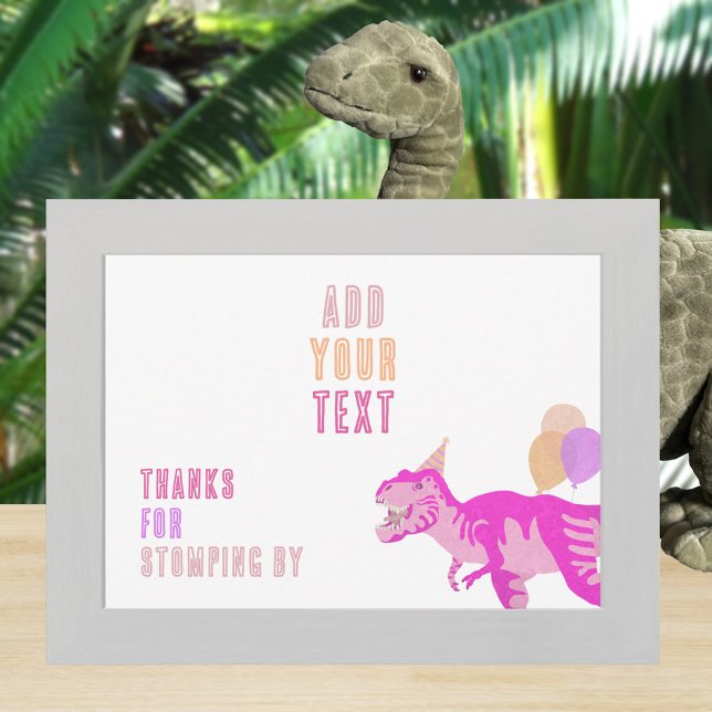 T-Rex Pink Dino 5x7 Landscape Editable Sign Card (It's easy to personalize these pink dinosaur birthday tabletop signs)