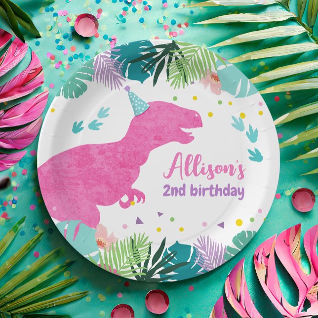 T-Rex Pink Dinosaur Girl Dino Prehistoric Birthday Paper Plate (Creator Uploaded)