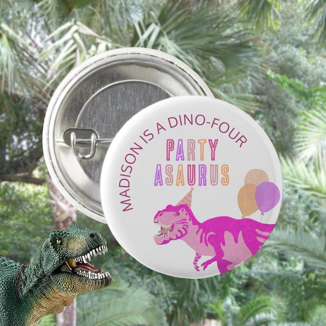 T-Rex Pink Party Asaurus Cute Dinosaur Birthday 3 Cm Round Badge (These personalized pink T-Rex dinosaur birthday round pin back buttons are cute party favors)