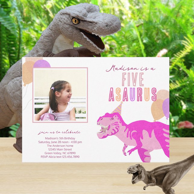 T-Rex Pink Photo Any Age Dinosaur Birthday Party Invitation (Change FIVE to any age you need on these pink dinosaur birthday party invitations)
