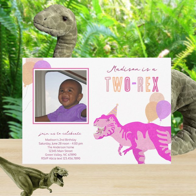T-Rex Pink Photo Two-Rex Cute 2nd Birthday Party Invitation (So easy to add your child's photo, name and dinosaur birthday party details)