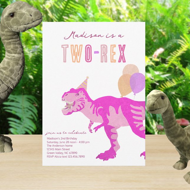 T-Rex Pink Two-Rex Dino Second 2nd Birthday Invitation (Cute pink dinosaur Two Rex birthday party invitations)