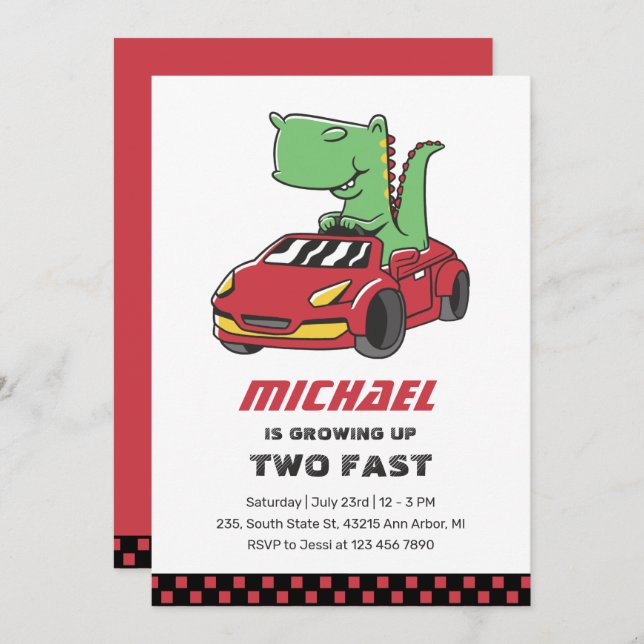 T-Rex Race Car Two Fast Boys Birthday Invitation (Front/Back)