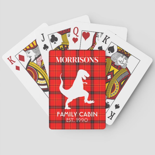 T-rex Red Buffalo Plaid Family Cabin Name Playing Cards (Back)