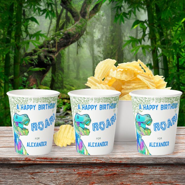 T-Rex Roar Dinosaur Birthday Party Paper Cups (T-Rex roar dinosaur birthday party custom paper cups for any age. Colorful tyrannosaurus & jungle)
