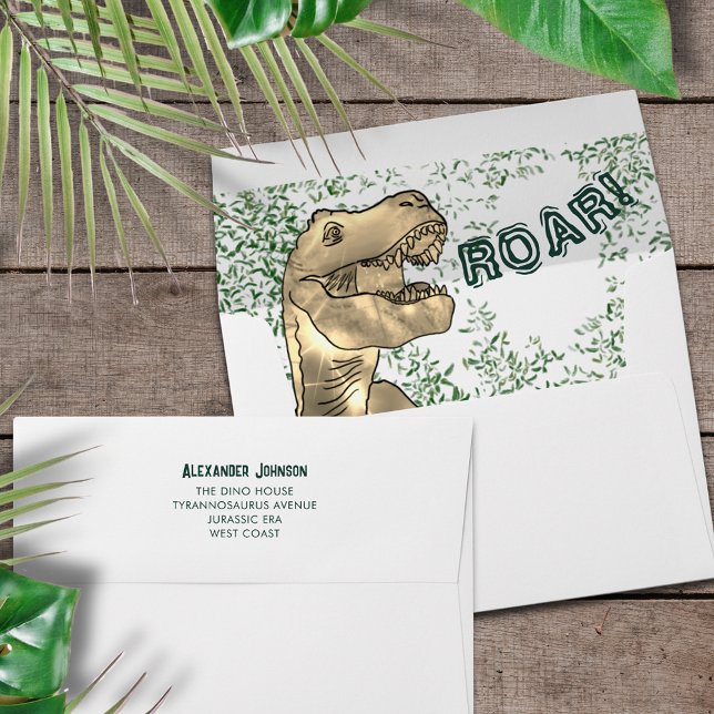 T-Rex Roar Dinosaur Jungle Birthday Party  Envelope (T-Rex dinosaur jungle roar dino birthday party return address envelope )