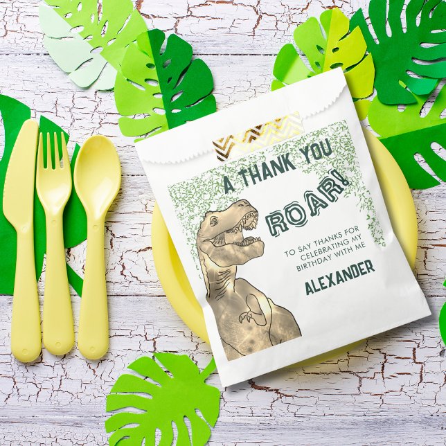 T-Rex Roar Dinosaur Thank You Birthday Party Favour Bags (T-rex roar dinosaur jungle birthday party thank you custom favor bag green and brown)