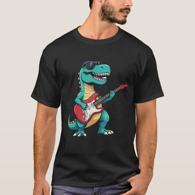 T-Rex Rock and Roll T-Shirt | Cartoon Dinosaur  (Front)