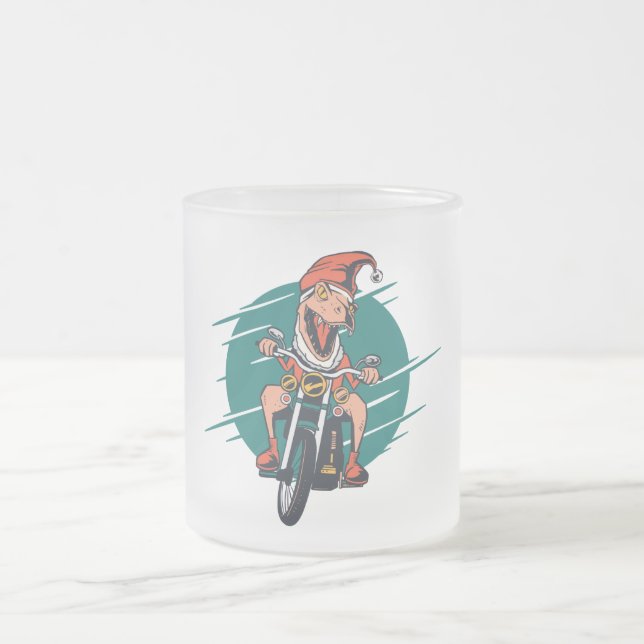 T Rex Santa Biker Frosted Glass Coffee Mug (Center)