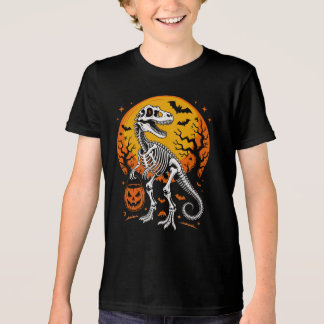 T-Rex Skeleton Halloween Pumpkin Pail And Bats Tri-Blend Shirt