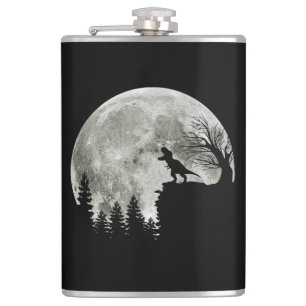 T Rex Standing On Mountain Moonlight Halloween Hip Flask