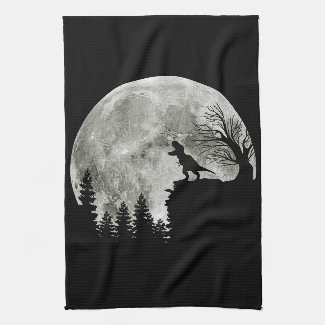  T Rex Standing On Mountain Moonlight Halloween Tea Towel (Vertical)