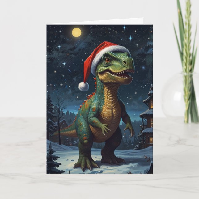 T-Rex Starry Night Christmas Dinosaur Custom Card (Front)