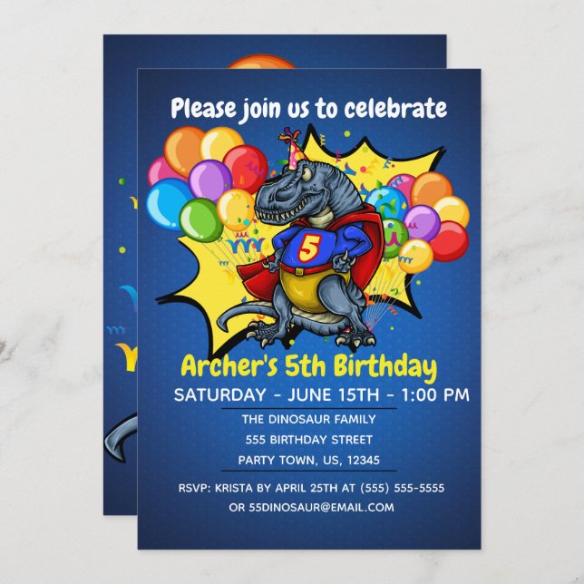 T-Rex Superhero 5th Birthday Invitation (Front/Back)