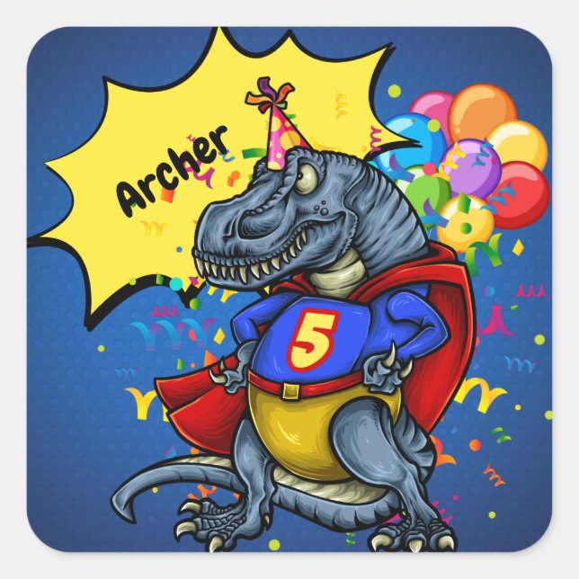 T-Rex Superhero 5th Birthday Square Sticker (Front)