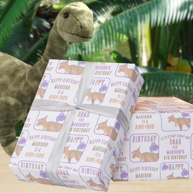 T-Rex Tan Add Name And Age Dinosaur Birthday Wrapping Paper (This cute dinosaur birthday wrapping paper is easy to personalize with child's name and age)