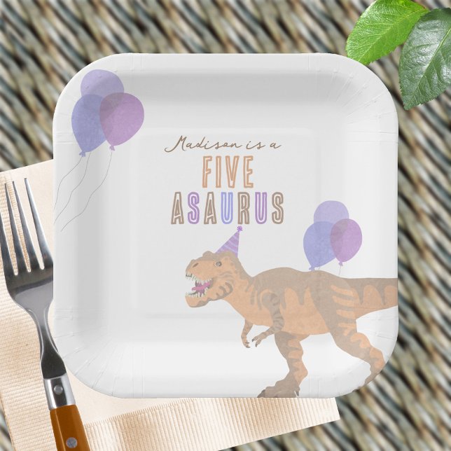 T-Rex Tan Any Age Cute Dinosaur Birthday Party Paper Plate (For any age, you can change FIVE to any number on these personalized dinosaur birthday paper plates)