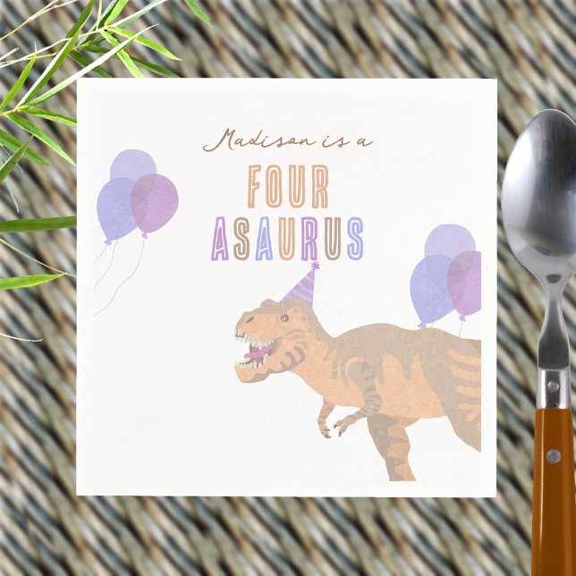 T-Rex Tan Cute Any Age Dinosaur Birthday Party Napkin (Easy to personalize, these cute dinosaur birthday party paper napkins can be customized to any age)