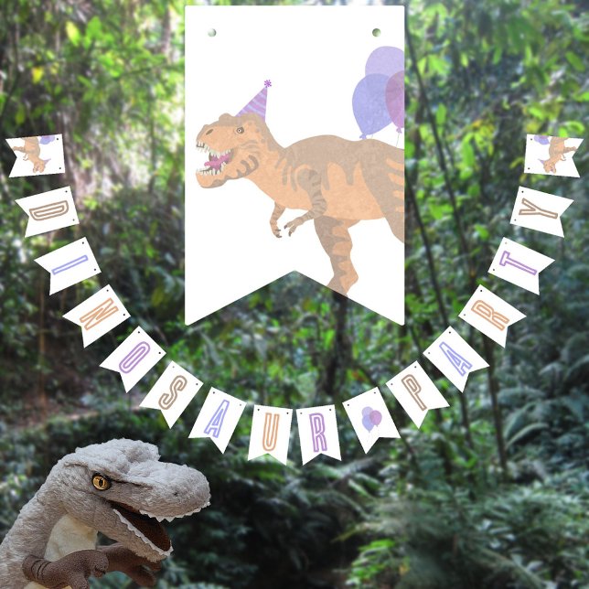 T-Rex Tan Cute Birthday Jurassic Dinosaur Party Bunting (These cute dinosaur party bunting flags will add a little more fun to your dinosaur themed birthday)
