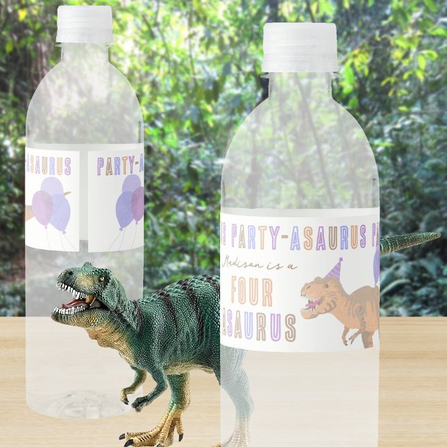 T-Rex Tan Cute Colourful Dino Party Birthday Water Bottle Label (Personalized water bottle labels add yet another custom detail to your dinosaur birthday party)