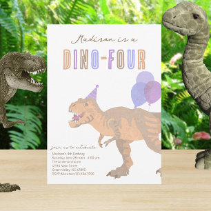 T-Rex Tan Dino-Four Fourth 4th Birthday Party Invitation
