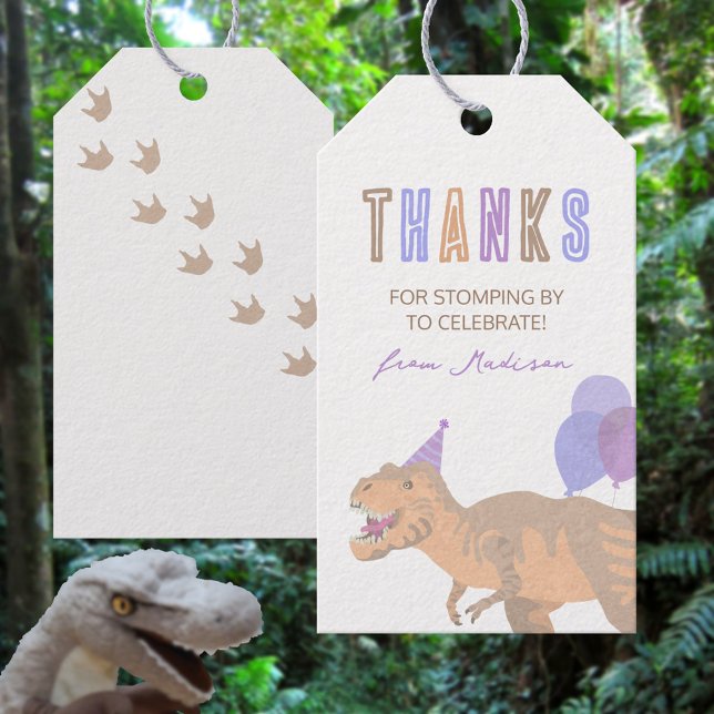 T-Rex Tan Thanks Dinosaur Birthday Favour Tag (Cute dinosaur birthday themed Thank You favor tags that are easy to customize)