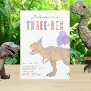 T-Rex Tan Three-Rex Dino Third 3rd Birthday Invitation