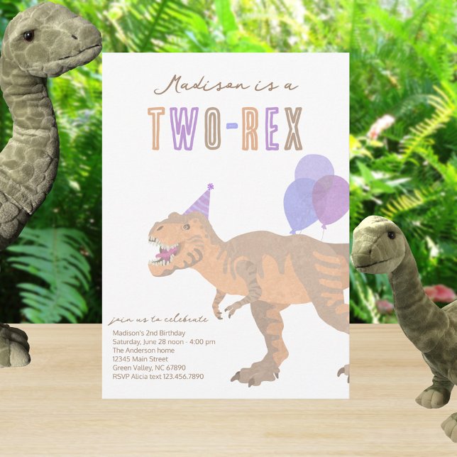 T-Rex Tan Two-Rex Dino Second 2nd Birthday Invitation (Cute two rex 2nd birthday dinosaur invitations for a fun prehistoric kid's party)