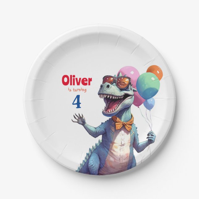 T-Rex Tyronasaurus Dinosaur Colourful Birthday Paper Plate (Front)
