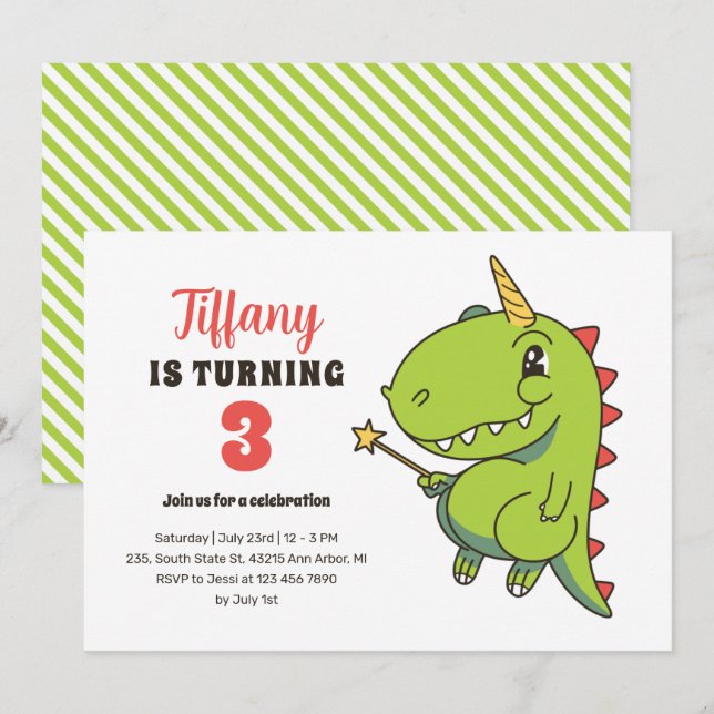 T-Rex Unicorn Fairy Kids Dinosaur Birthday Invitation (Front/Back)