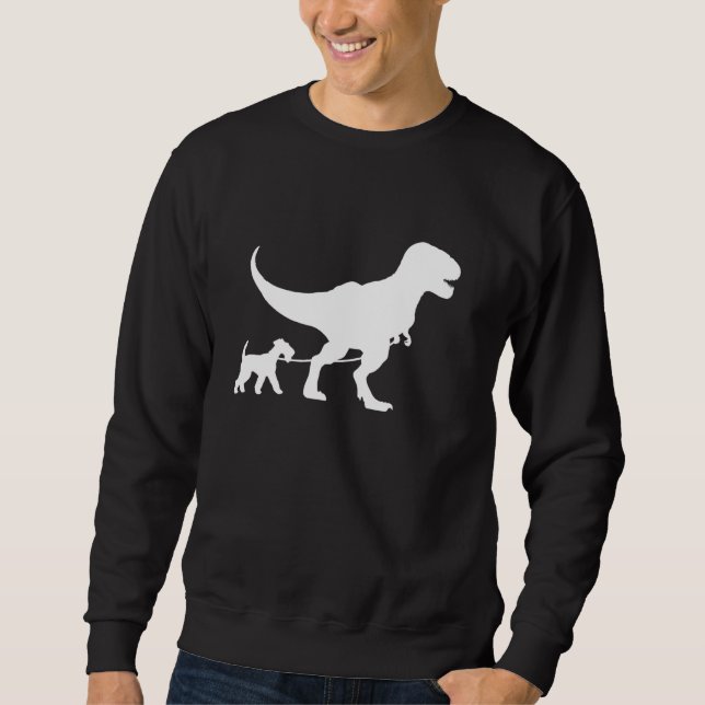 T-Rex Walking a Dog Funny Airedale Terrier Dad Dog Sweatshirt (Front)